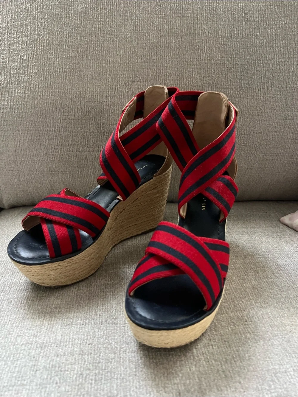 Tommy Hilfiger Red and Black Striped Espadrille Wedge Sandals